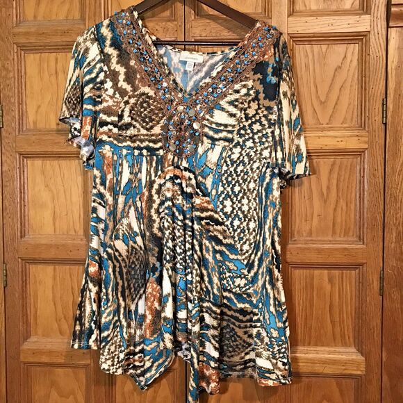 Dress Barn Turquoise Beaded Boho Asymetric Hem Tunic Women's 18/20 Stretch Top - Picture 4 of 11